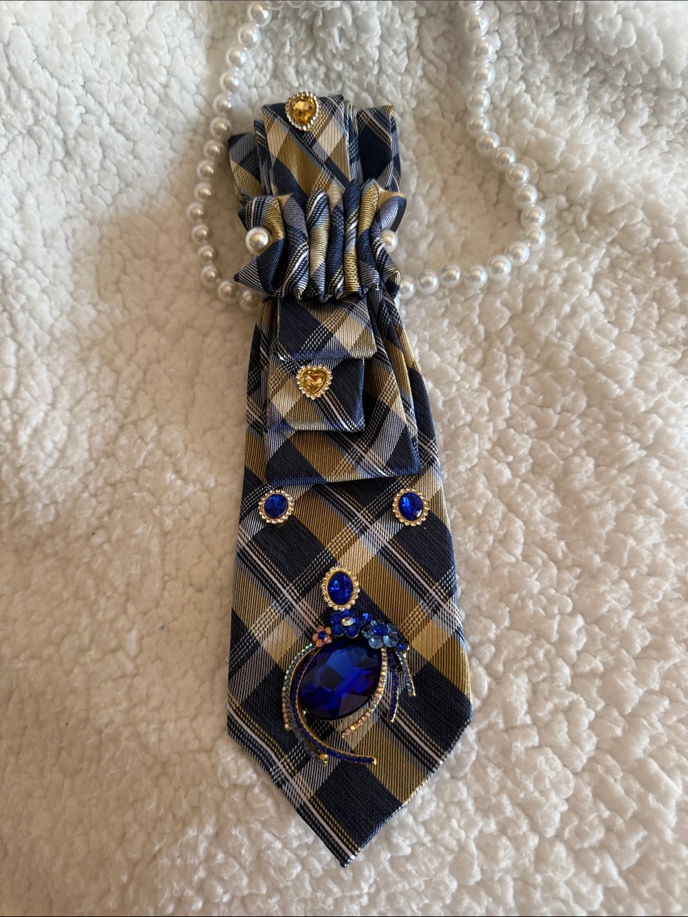 Plaid Blue & Gold Crystal Pendant Necklace